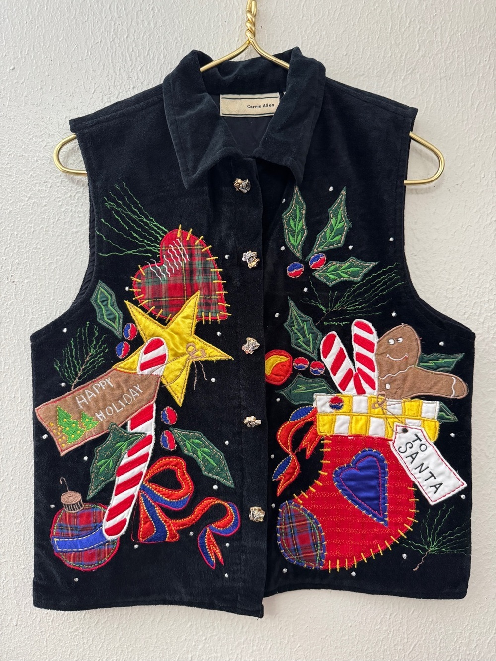 Christmas Vest CARRIE ALLEN Medium Stocking Angel Holly Star Vintage Embroidered